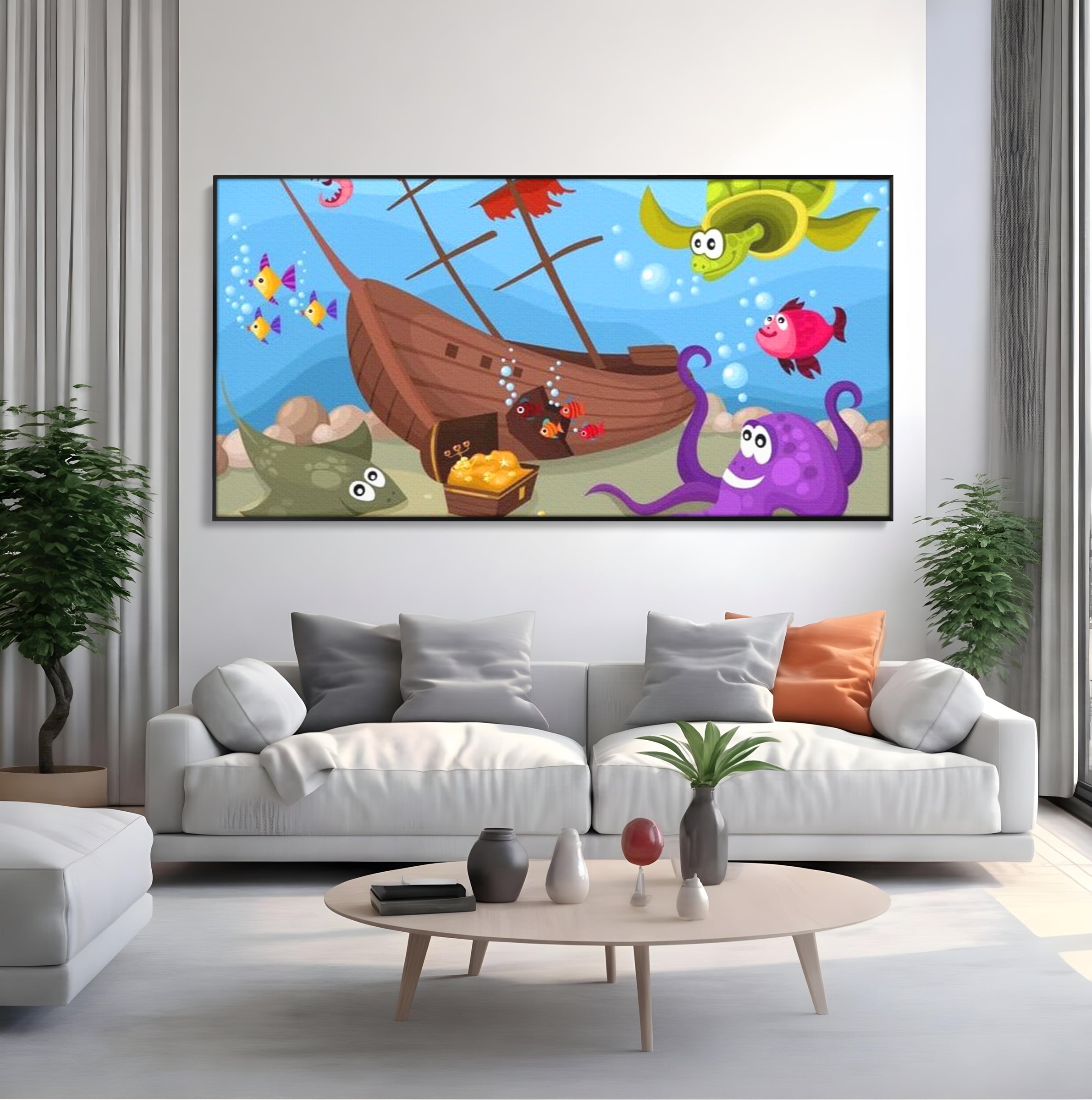 Tablou canvas cu ilustratie animata cu vietuitoare marine si epava, in rama de aluminiu negru, pe perete intr-un living